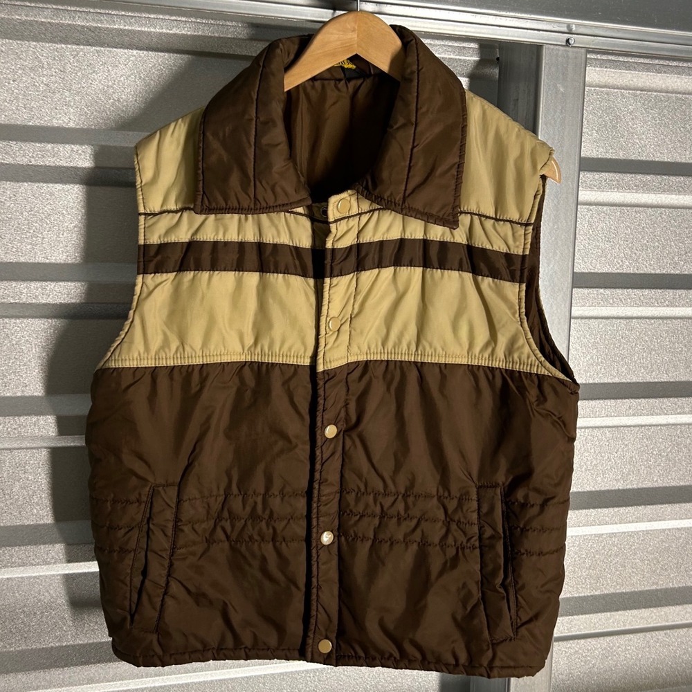 Vintage 1970's Brown Tan Colorblock Puffer Vest Snap Quilted 70s 80s Retro